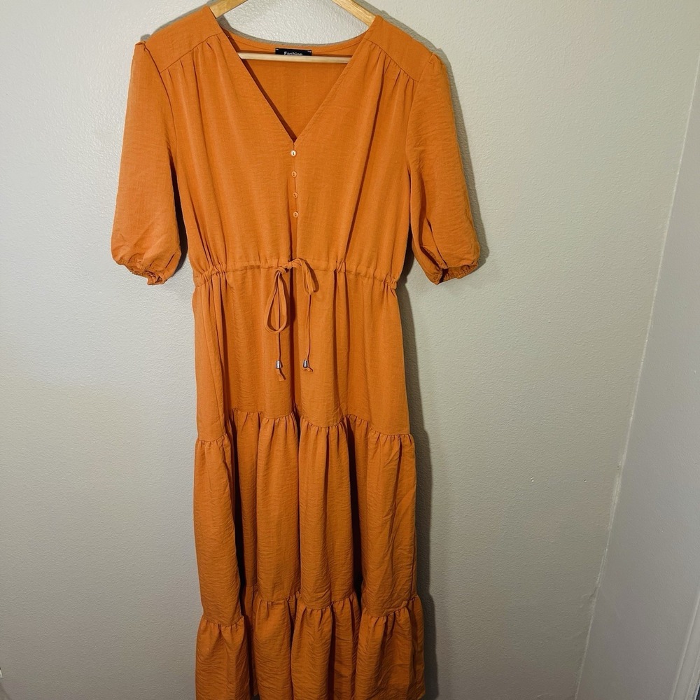 Fashion Maxi Dress Flowy Tiered Draw String Orange Resort Wear Cruise Sz L